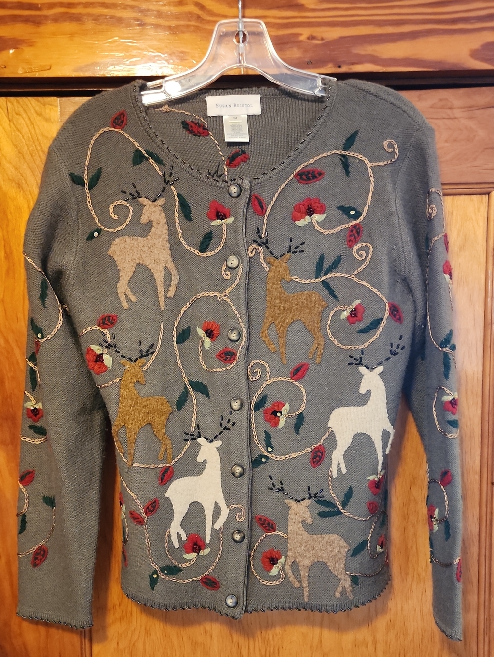 Susan Bristol Green Cardigan with Embroidered Deer and Floral Accents Medium